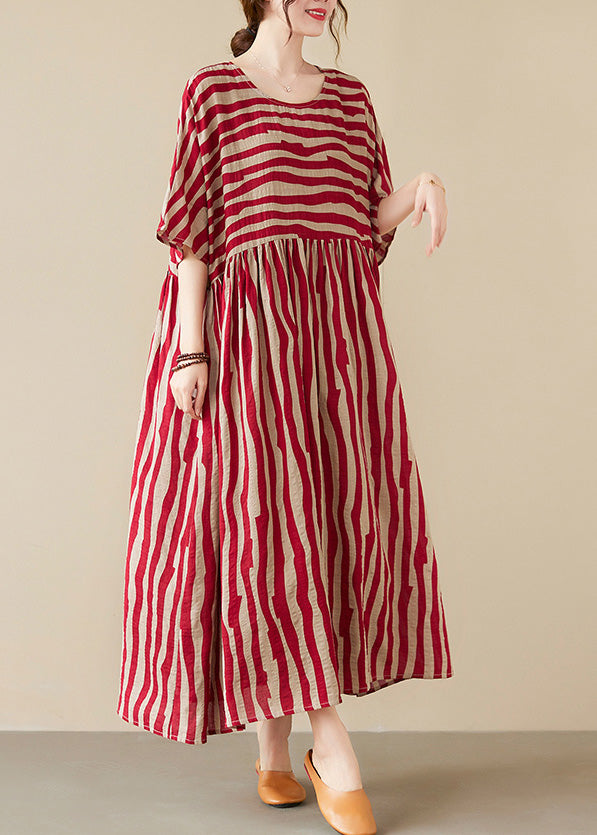Vogue Red Striped O-neck Long Dresses Short Sleeve