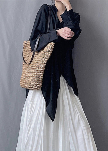 Loose Black Asymmetrical Silk Cotton Blouses Spring