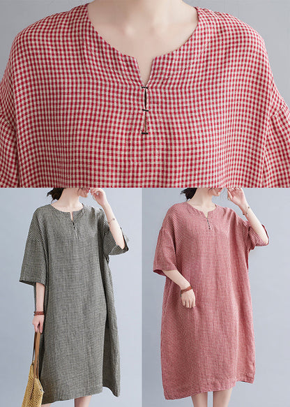 Red Oversized Plaid Linen a Line Dresses Summer
