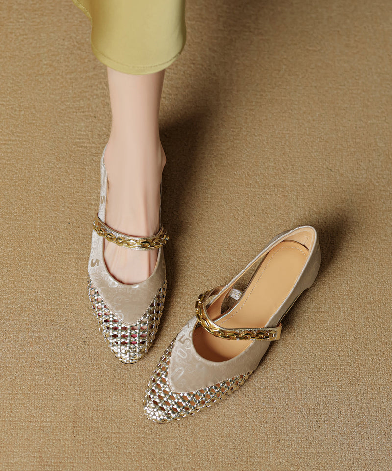 Green Cowhide Leather Splicing Hollow Out Chunky Shoes