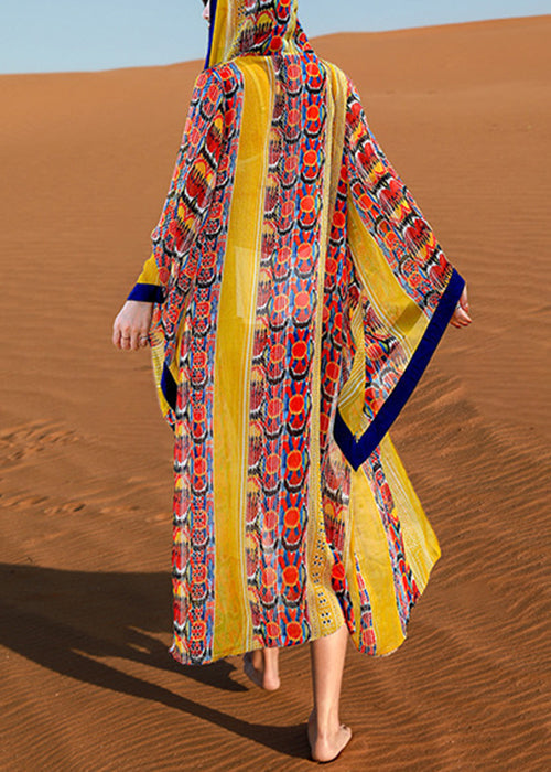 Yellow Hooded Print Chiffon Long Cardigan Flare Sleeve