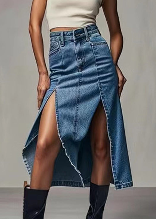 Blue Zippered Side Open High Waist Denim Skirt Summer