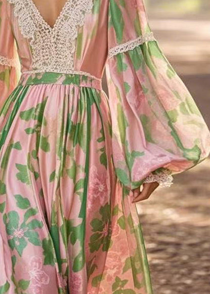 V Neck Print Lace Patchwork Chiffon Long Dress Lantern Sleeve
