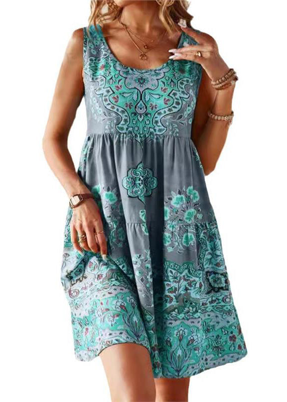 Yellow Green Print Cotton Mid Dress Sleeveless