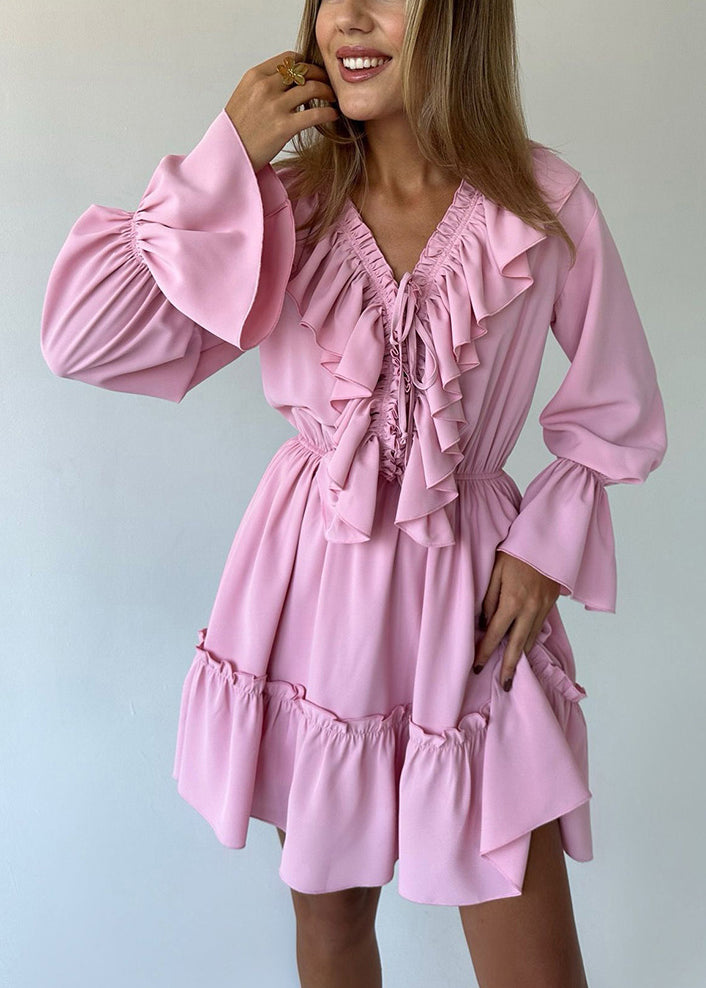 Blue V Neck Ruffled Cotton Mid Dress Flare Sleeve