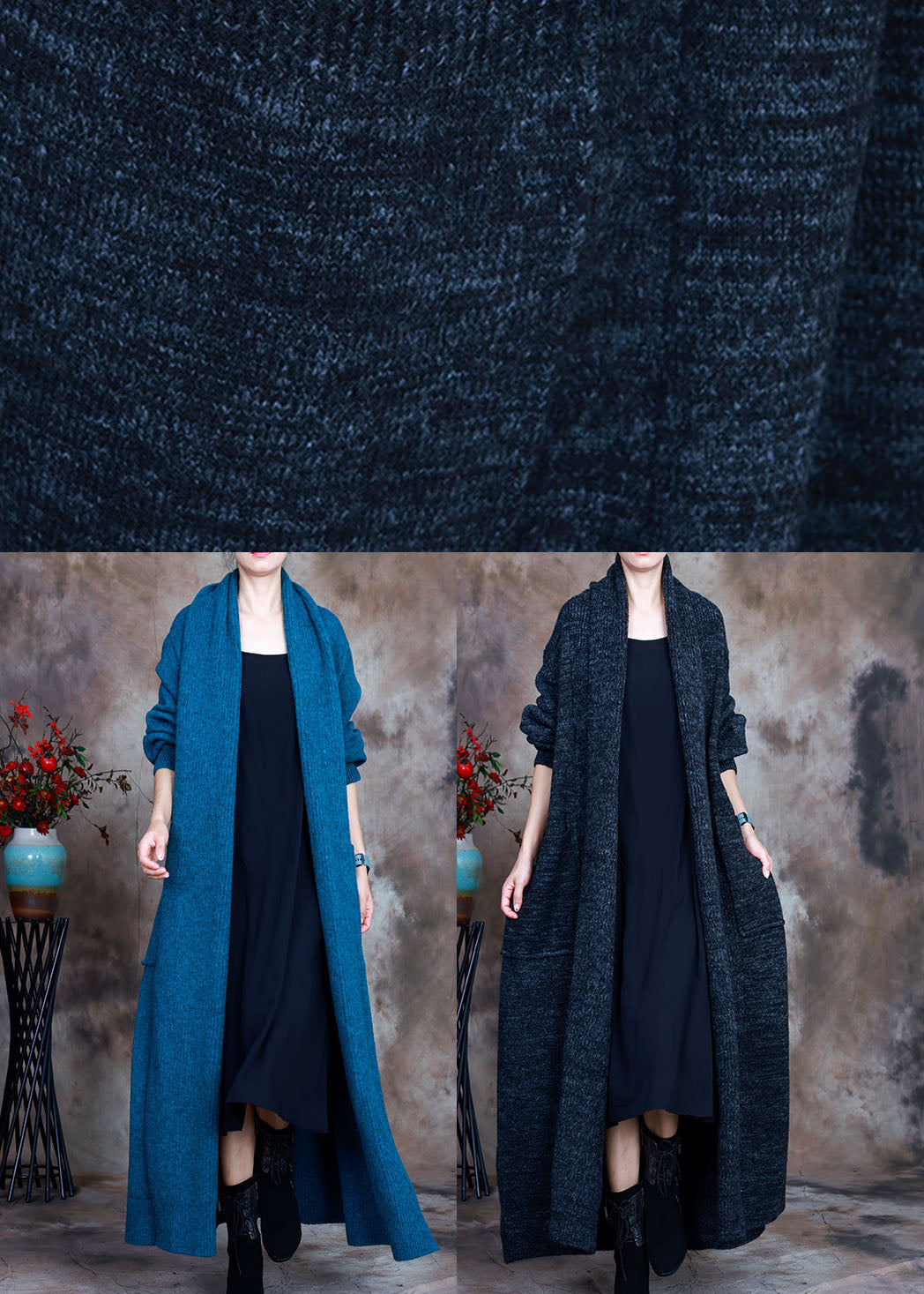 Blue V Neck Pockets Fall Knit Cardigan