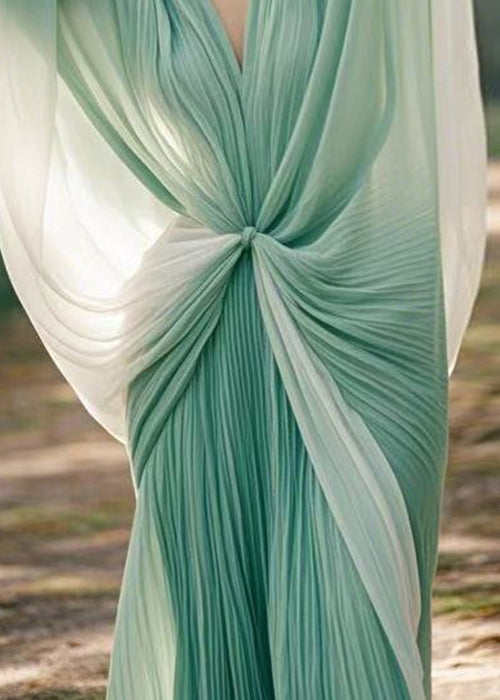 Green V Neck Wrinkled Chiffon Dresses Batwing Sleeve
