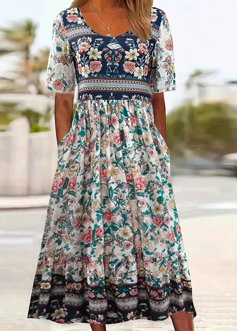 O Neck Print Pockets Cotton Dress Summer