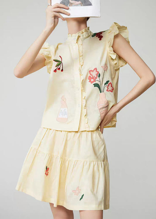 Yellow Embroidered Top and Skirts Two Pieces Set Sleeveless