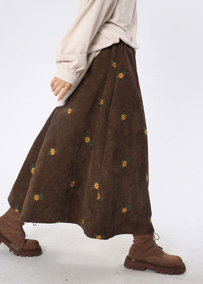 Brown Corduroy a Line Skirt Embroidered Spring