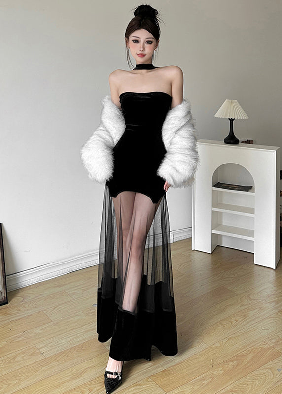 Original Design Black Cold Shoulder Backless Patchwor Tulle Maxi Dress Summer