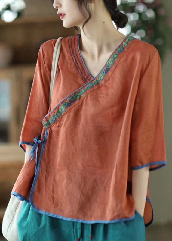 Handmade Caramel V Neck Embroidered Tie Waist Linen Top Half Sleeve