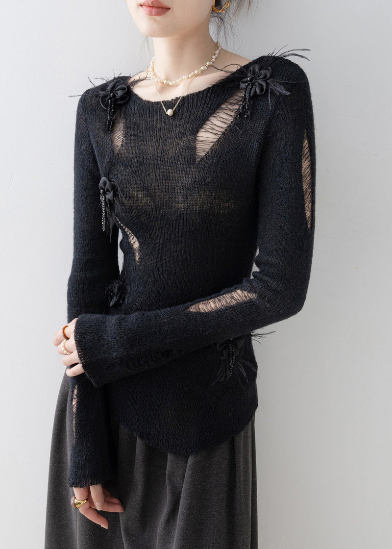 Black O Neck Tassel Knit Top Spring