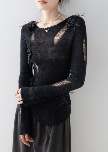 Black O Neck Tassel Knit Top Spring