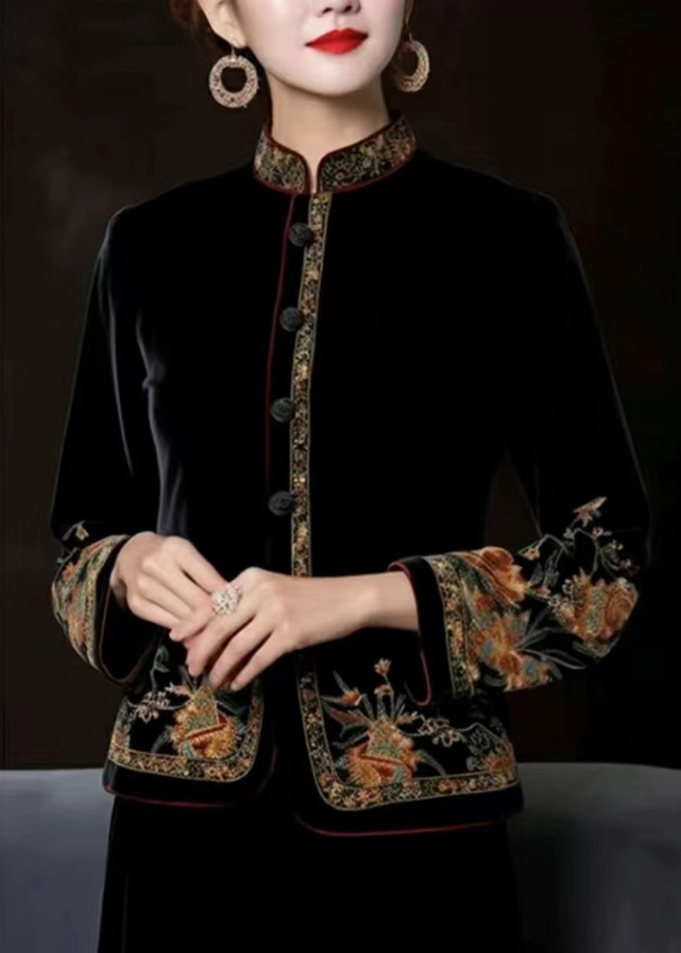 Black Embroidered Button Silk Coats Long Sleeve