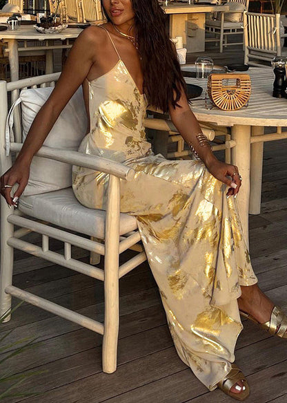 Stylish Gold Backless Cotton Spaghetti Strap Dress Summer