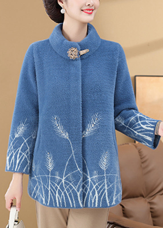 Omen Blue Print Pockets Mink Velvet Coats Spring