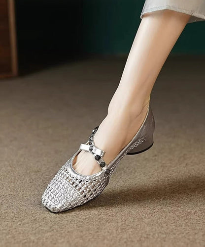 Splicing Chunky Shoes Black Faux Leather Hollow Out