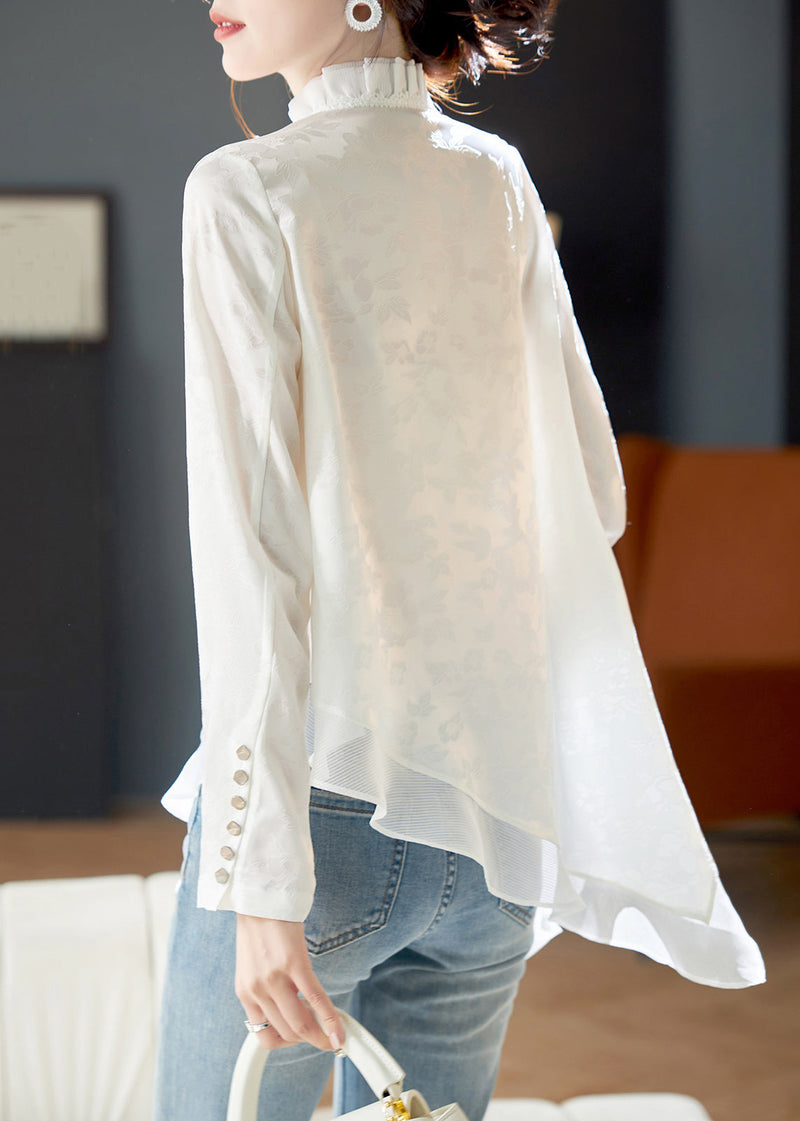 White Ruffled Chinese Button Chiffon Shirt Long Sleeve