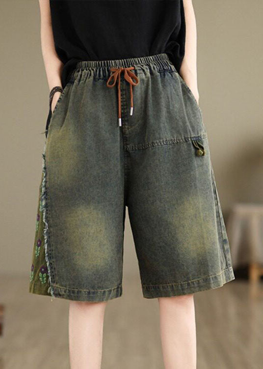 Summer Loose Embroidered Elastic Waist Denim Shorts