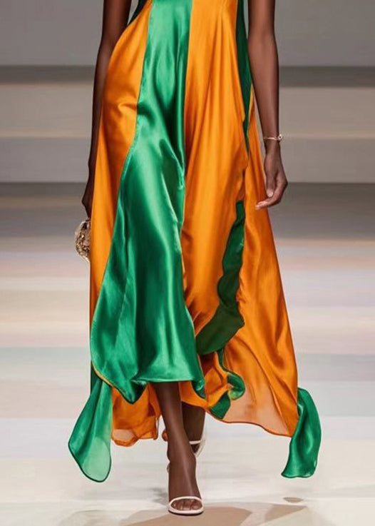 Yellow Asymmetrical Patchwork Silk Cami Dresses Summer
