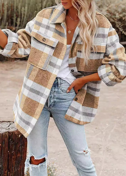 Stylish Light Grey Peter Pan Collar Pockets Plaid Woolen Coat Fall