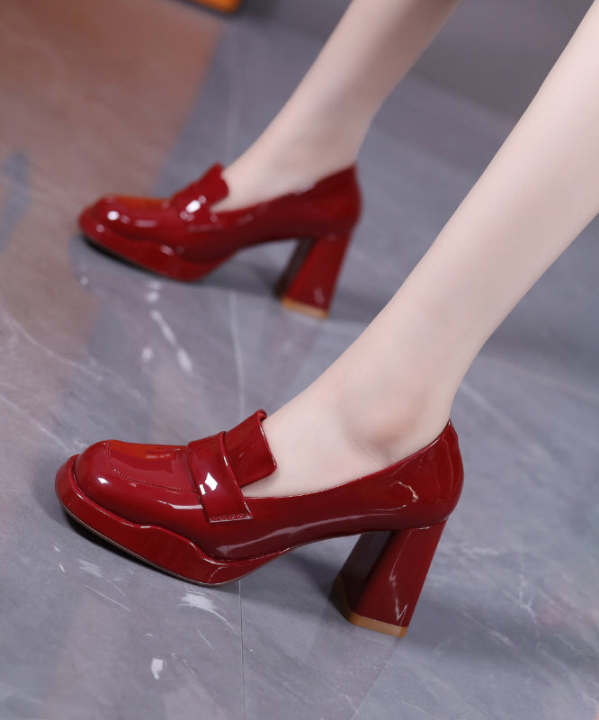 Wine Red Faux Leather Chunky Heel Loafers