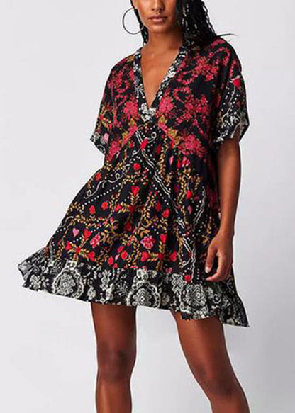 Blue V Neck Print Patchwork Cotton Mid Dress Summer