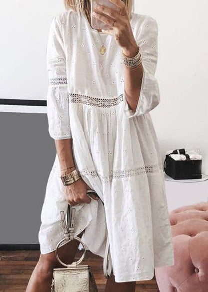 Yellow O-neck Hollow Out Long Dresses Bracelet Sleeve