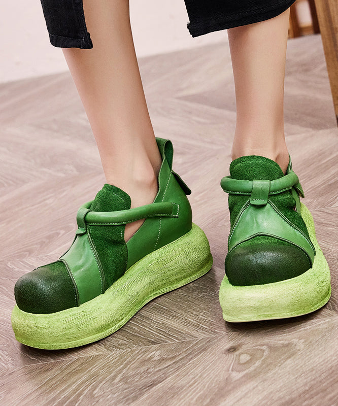 Splicing Platform Flat Shoes Green Cowhide Leather