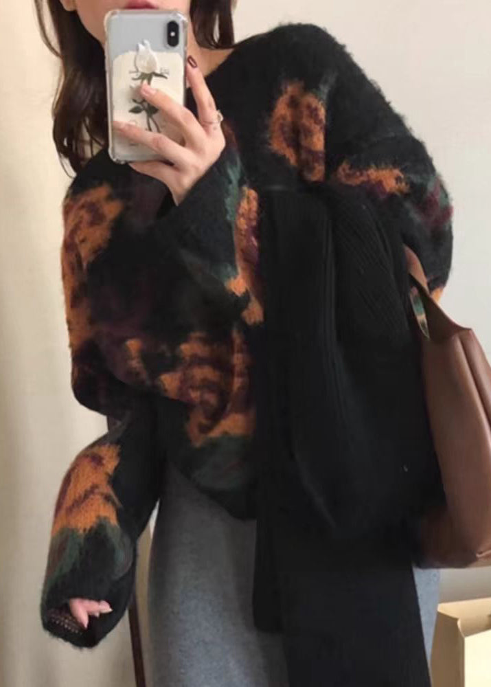 French Black O Neck Jacquard Knit Sweater Tops Spring