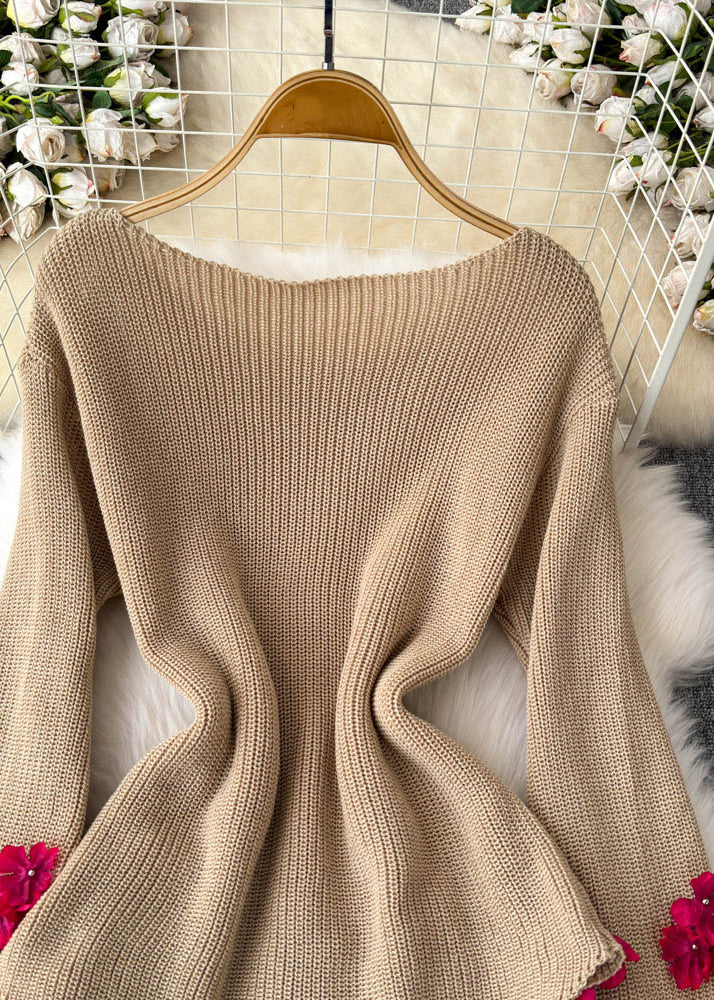 Stylish Khaki Slash Neck Cotton Knit Sweaters Winter