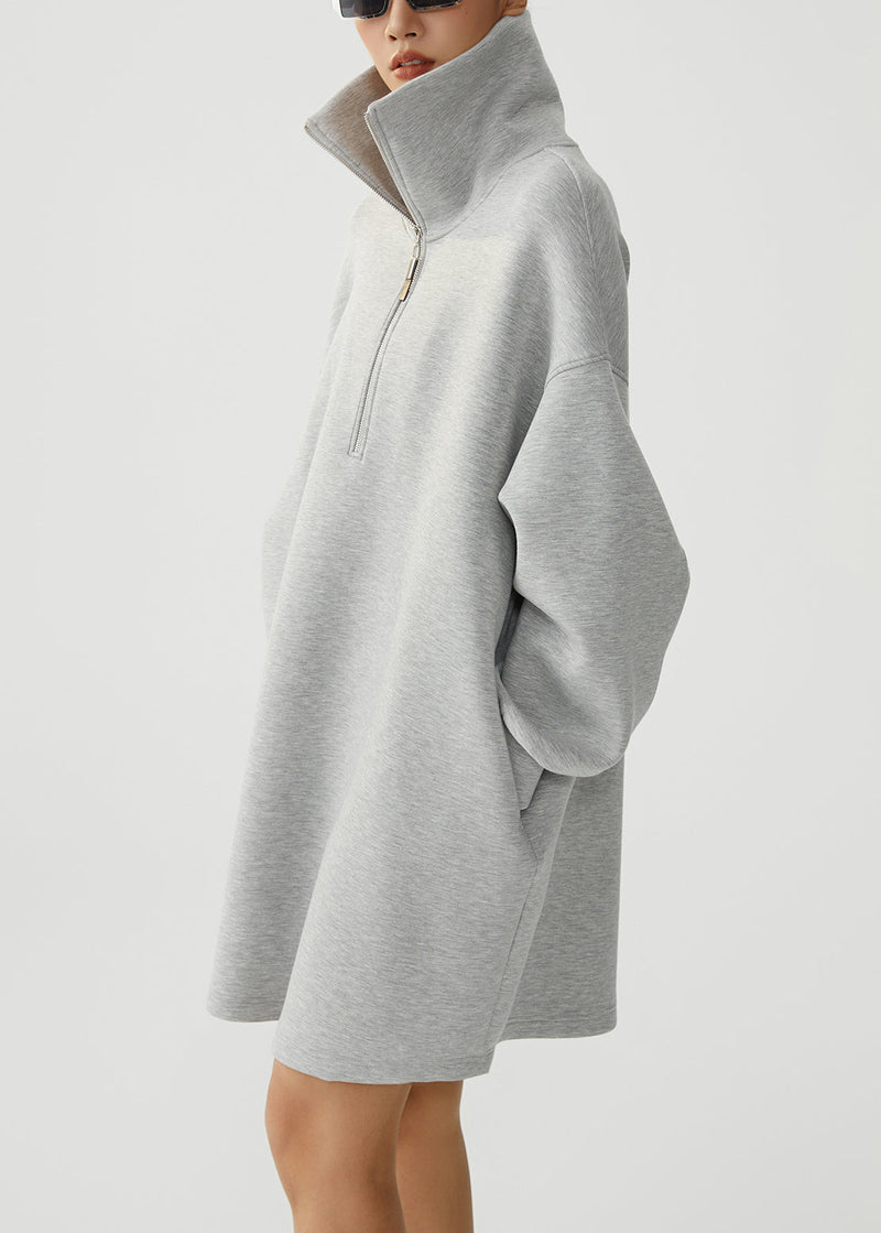 Grey Zip Up Pockets Warm Fleece Sweatshirt Dress Winter