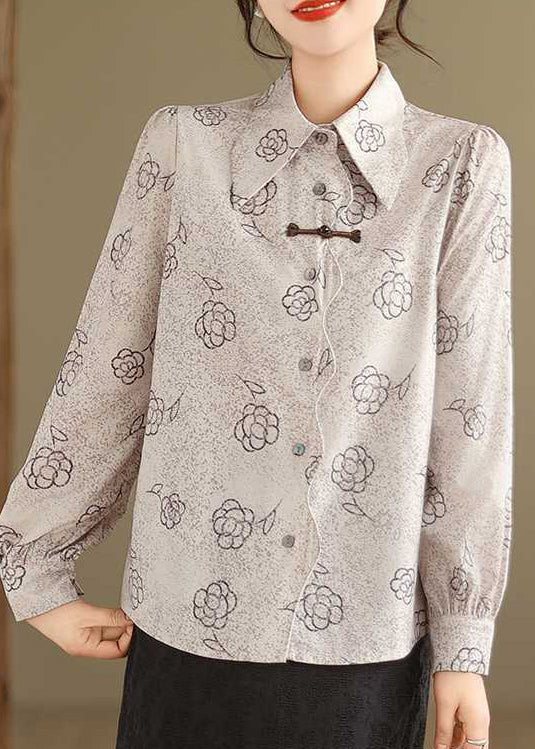 Apricot Peter Pan Collar Print Cotton Shirt Tops Spring