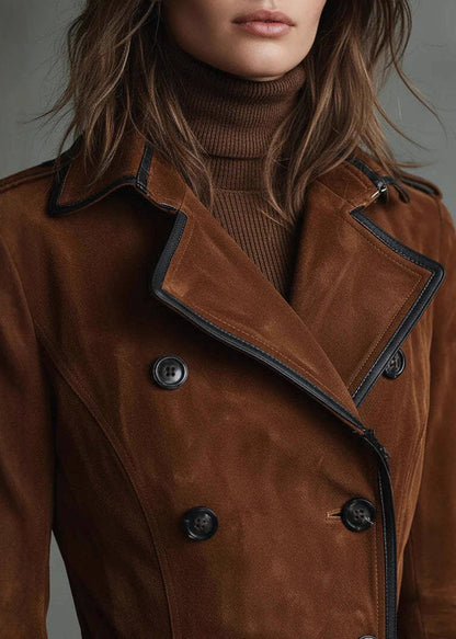 French Chocolate Peter Pan Collar Pockets Faux Suede Trench Fall