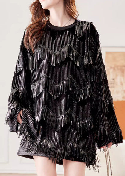 Loose Black O-neck Patchwork Tassel Silk Velvet Top Spring