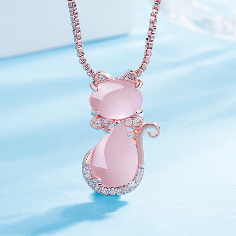 Pink Stone Cat Necklace With Zircon