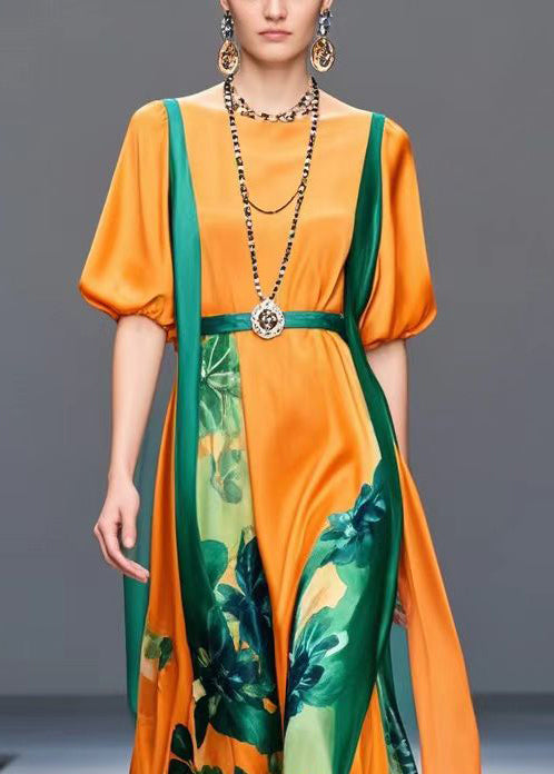 Orange Cinched Print Silk Ankle Dress Lantern Sleeve