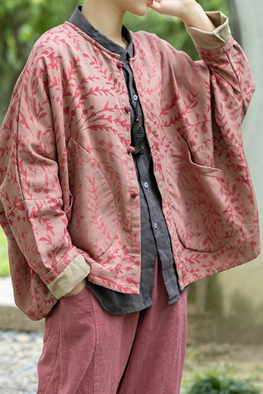 - Print Top Doll Sleeve Cotton Linen Jacket