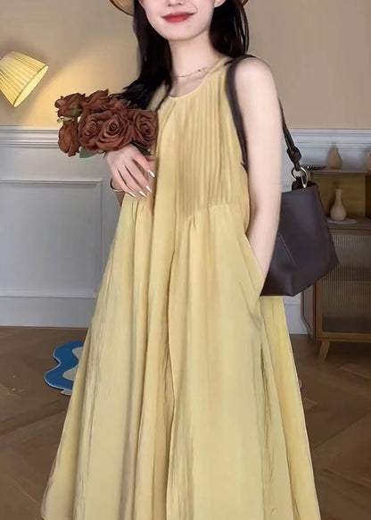 Yellow O Neck Pockets Cotton Long Dress Sleeveless