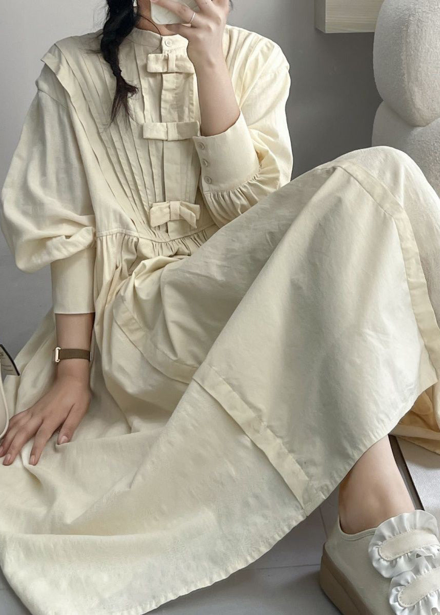 Beige Wrinkled Button Cotton Dresses Long Sleeve