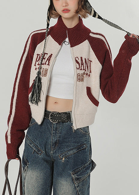 Red Stand Collar Patchwork Knit Loose Coat Winter