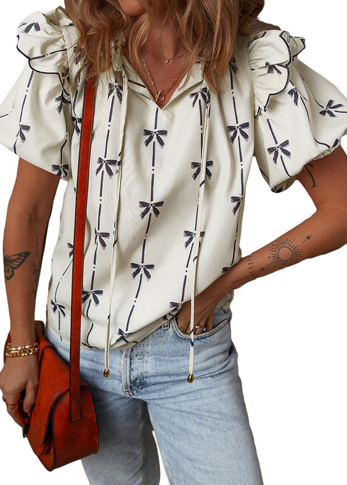 Beige Ruffled Puff Sleeve Print Chiffon Shirt Tops