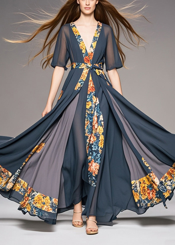 Charcoal Grey Cinched Patchwork Exra Large Hem Chiffon Dresses Summer