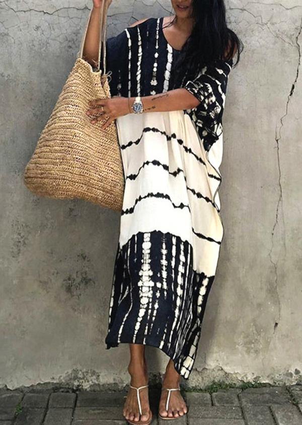 French Black White Tie Dye Cold Shoulder Kimono Robe Cotton Dress
