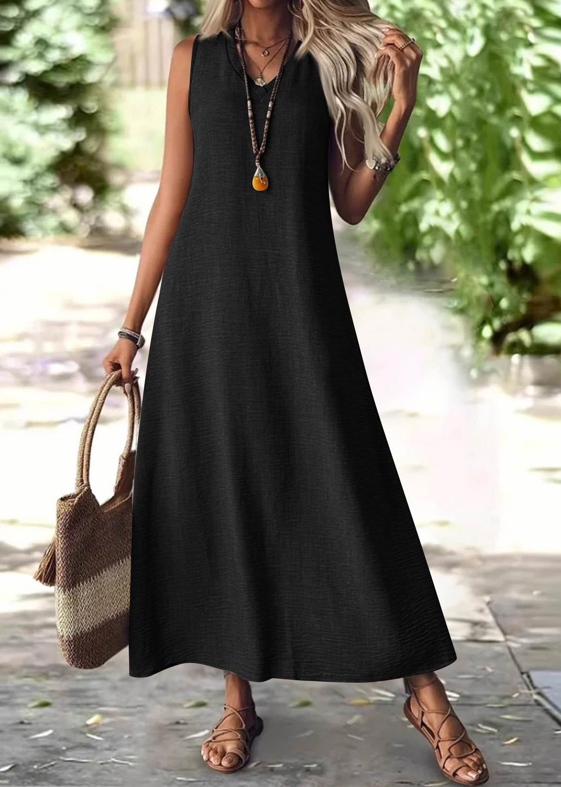 Simple Green V Neck Cotton Long Dress Sleeveless