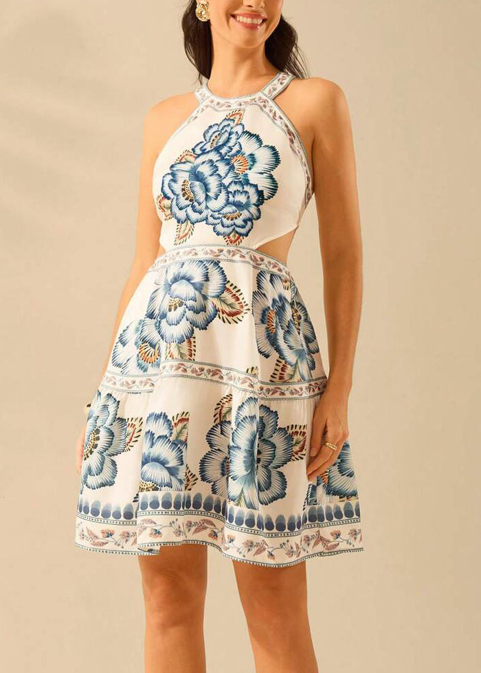 French Backless Lace Up Print Cotton Mid Dress Summer