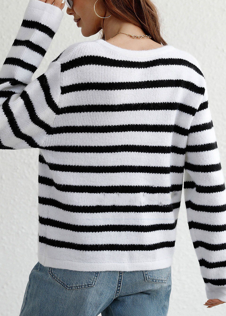 White O Neck Striped Knit Loose Cardigans Spring