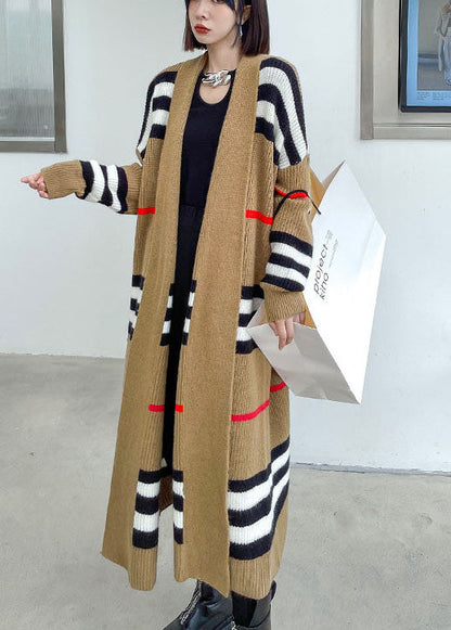 French Khaki Retro Striped Loose Fall Knit Sweater Coat
