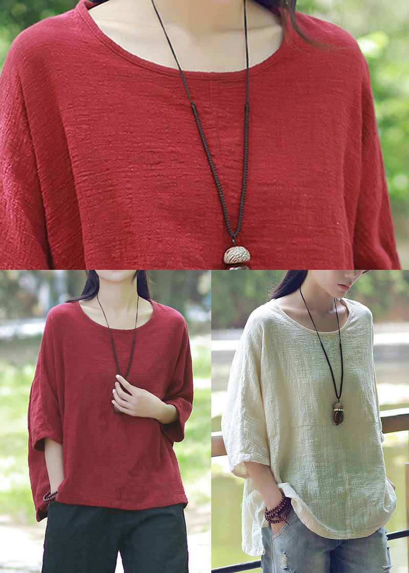 Beige O-neck Cotton Linen Top Half Sleeve